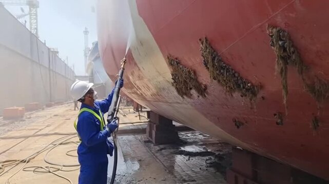 Ship Hull Cleaning with High-Pressure Water Jet at Dry Dock for Marine Maintenance