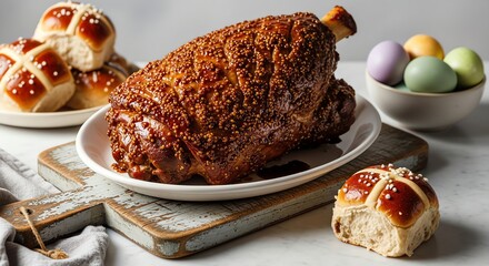 Glazed ham and hot cross buns for a festive easter meal