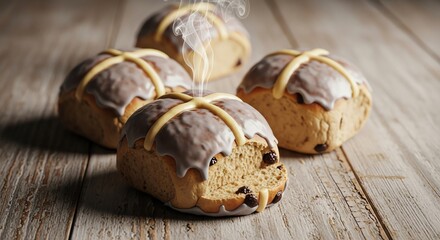 Warm hot cross buns with icing and steam on a wooden table