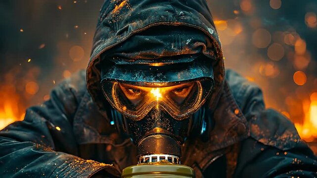 Worker in mask and goggles. A person in protective gear works with metal, surrounded by sparks and bright light, prioritizing safety.