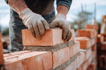 Male construction worker laying red bricks on building site