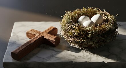 Easter symbols: a wooden cross and a nest with three eggs