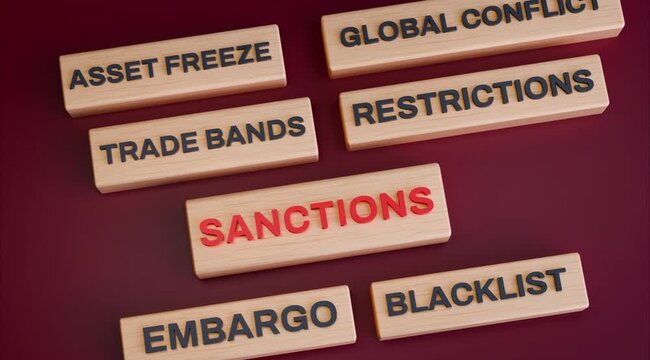 4K 3D Video Animation: Sanctions Wooden Blocks with Asset Freeze, Embargo, Blacklist and Global Conflict Terms, Geopolitical and Economic Policy Concept on Dark Red Background