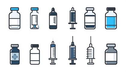 Colorful vector illustration of various medical vials, bottles, and syringes arranged in two rows
