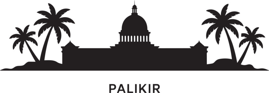 Palikir skyline silhouette with palm trees and government building on transparent background