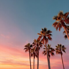 Obraz premium Serene palm trees at sunset with colorful sky