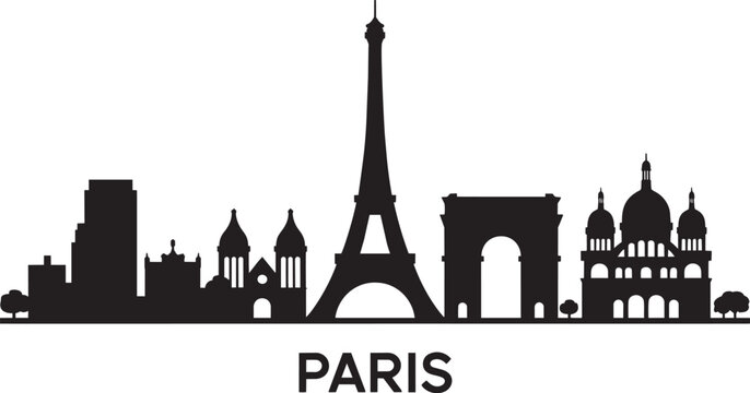 Paris skyline silhouette with Eiffel tower and famous landmarks over transparent background
