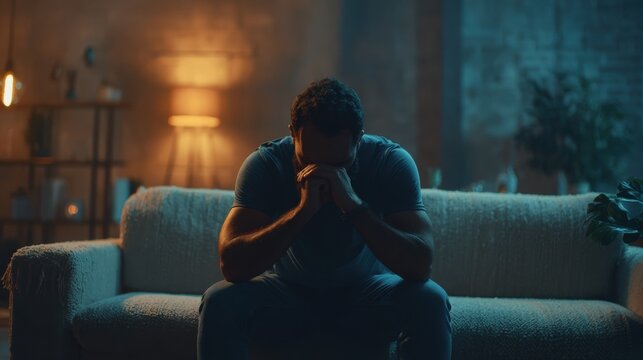 Man Sit on Sofa Feeling Sad and Depressed in Dimly Lit Living Room