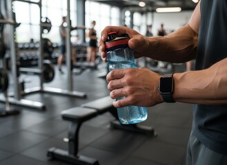 Athlete Opening Water Bottle for Hydration in Gym
