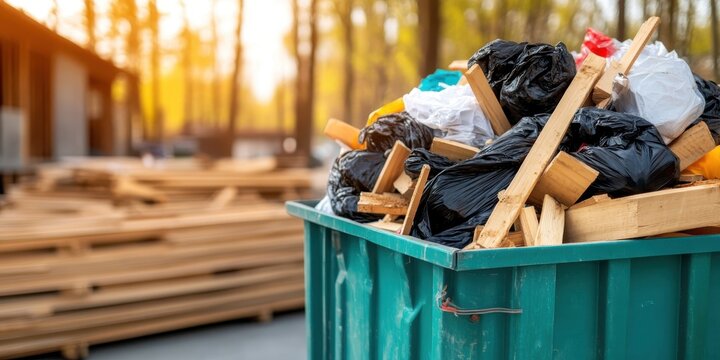 Construction debris fills industrial dumpster in outdoor site scene