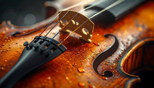 Extreme close-up macro shot of a classic wooden violin with water droplets on its surface. The image highlights the details of the strings, bridge, and rich wood texture, evoking a sense of emotion.