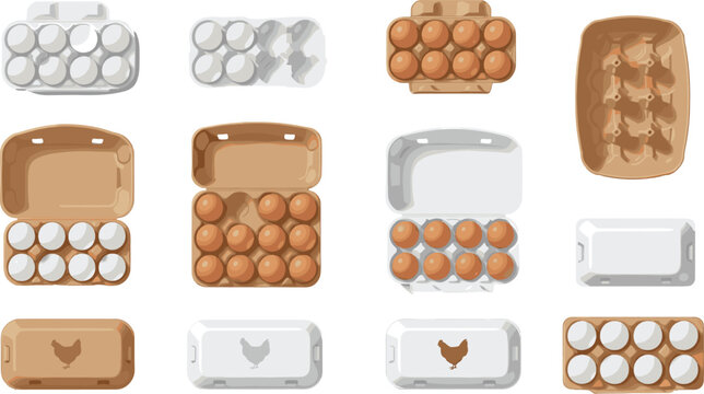 Egg carton packaging illustration set showing paper and plastic trays, open and closed containers, and fresh eggs in flat vector style