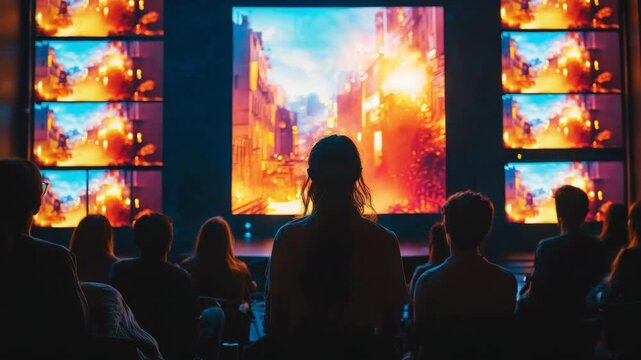 Viewers watch a digital art presentation showing colorful city landscapes on multiple screens in a theater setting