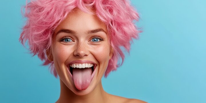 Joyful young woman with pastel pink hair shares laughter and peace