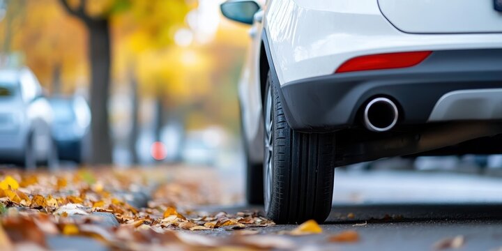 Car releasing exhaust fumes in a colorful autumn street scene