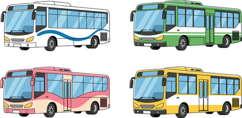 City bus collection set. Colorful public transport vehicles in modern design. Urban travel and transit concept. Flat cartoon vector illustration. © IVY QUEEN