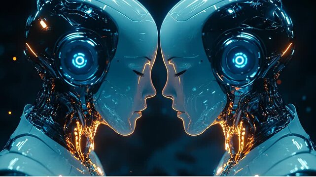 Two robots in digital space. Two robots stand face to face in a dark digital space. Their features are sleek and designed.