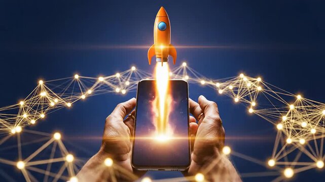 Futuristic Rocket Launching From Smartphone For Business Startup.