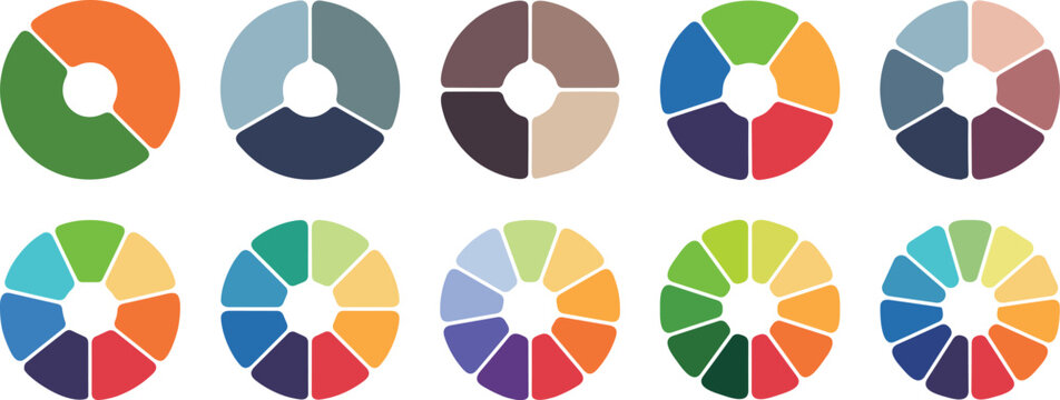 Circular infographic chart elements set. Colorful donut and pie style diagrams. Editable vector graphics for data visualization, dashboards, and business presentations.