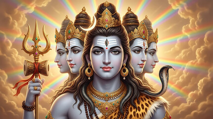 five headed lord shiva showing his panchamukhi form with a rainbow background for maha shivaratri celebration and the various divine aspects of mahadev © aigiants
