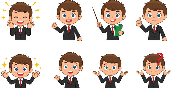 Cartoon business boy character set. Cute office worker with different emotions and gestures. Editable vector illustration for education, presentation, and marketing design projects.