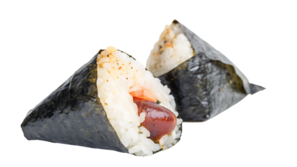 Two Japanese Onigiri Rice Balls Wrapped in Nori Seaweed, Traditional Snack Food