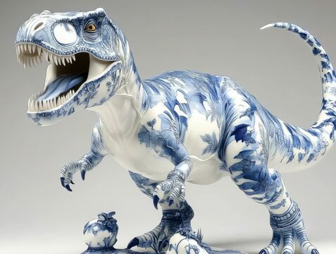 Ceramic dinosaur art display featuring blue and white designs at an exhibition in a gallery setting