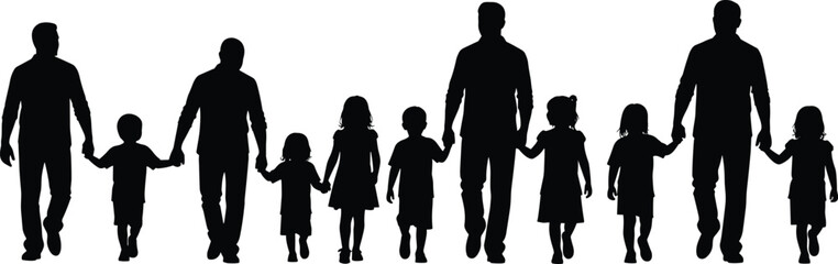 Silhouette of multiple adults and children holding hands while walking together in unity, symbolizing family bonding, parenthood, childcare, community and supportive family lifestyle