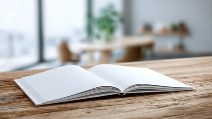 Open Blank Notebook on a Wooden Table with Soft light