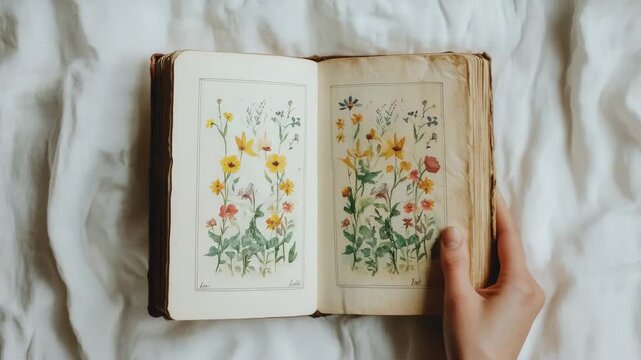 Viewing a hand-painted flower book with detailed illustrations from an old collection