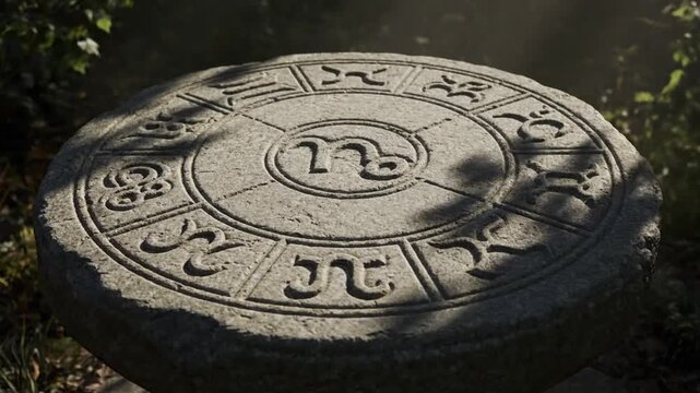 Ancient Stone Carving with Zodiac Symbols Bathed in Dappled Sunlight Outdoors