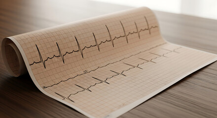 Electrocardiogram reading displaying heart activity on graph paper for medical analysis and diagnosis purposes in a healthcare setting with a focus on cardiology and patient monitoring systems.
