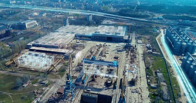 Concept of a large industrial enterprise controlled by artificial intelligence. AI-driven drone surveillance. Smart factory. Smart industry and Smart manufacturing plant outside.