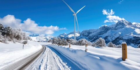 Fototapeta premium Clean energy shines bright in winter wonderland among snowy mountains