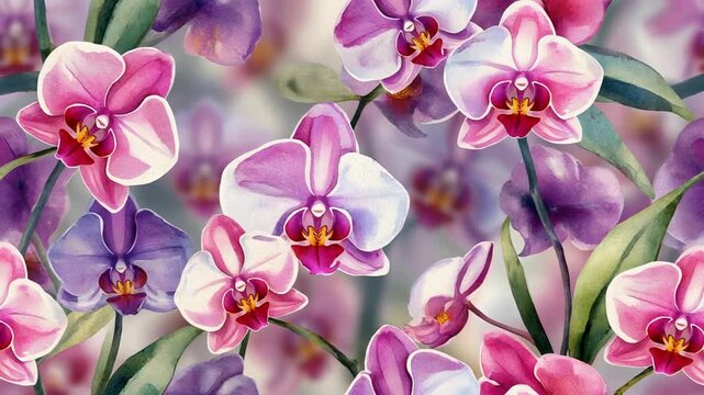 Watercolor orchid flower pattern, elegant background and delicate floral design