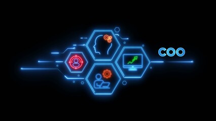 Neon blue hexagons with business and C O on black background
