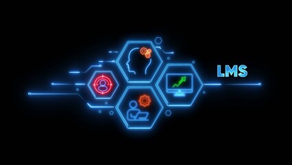 Neon blue hexagons with orange and green learning management system
