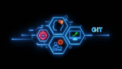 G I T software development concept with neon hexagons and