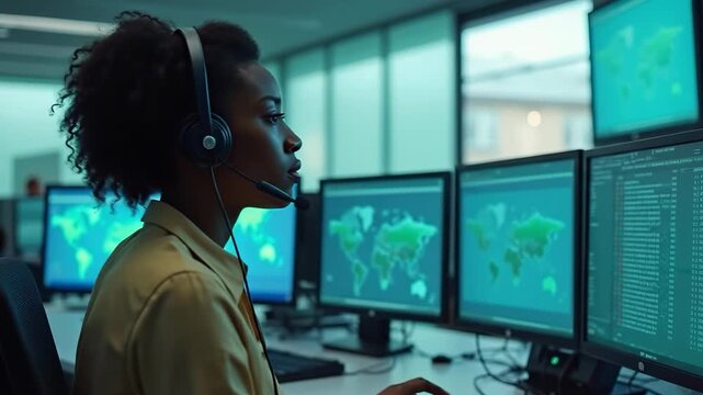 Black female dispatcher in headset working in a modern global monitoring center with multiple monitors showing world maps and digital data