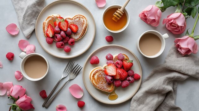 Heart shaped pancakes topped with strawberry and raspberry served with coffee and honey on a light romantic table setting. Image represents love breakfast, valentines celebration, sweetness
