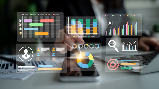 A business professional engages with advanced analytics tools on a smartphone and laptop, highlighting modern data visualization techniques for effective decision-making. Gantry - Powered by Adobe