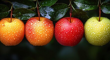 Apple organic apples lineup with sparkling dew drops image