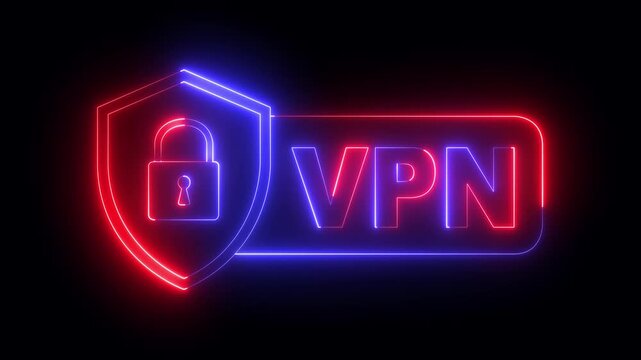 glowing neon VPN shield with lock icon isolated on black background. VPN, Virtual private network protocol concept. Concept of secure remote connection and online privacy. 4k video animation.