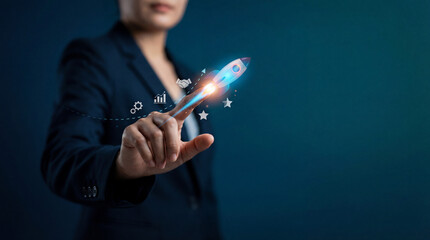 Digital Innovation and Smart Technology Concept: Business professional touching a glowing virtual interface with icons, symbolizing innovation, digital transformation, and futuristic solutions.
