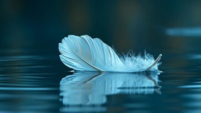 Feather floats on calm water surface. A feather rests on the water while waves reflect its shape. The scene shows clear movement around the feather.