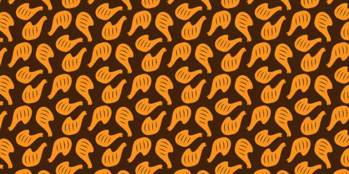 Seamless pattern of stylized fried chicken wings on a brown background, perfect for food packaging and culinary designs