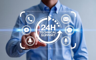 IT Professional Interacting with Holographic Customer Support Interface and Digital Assistance Icons