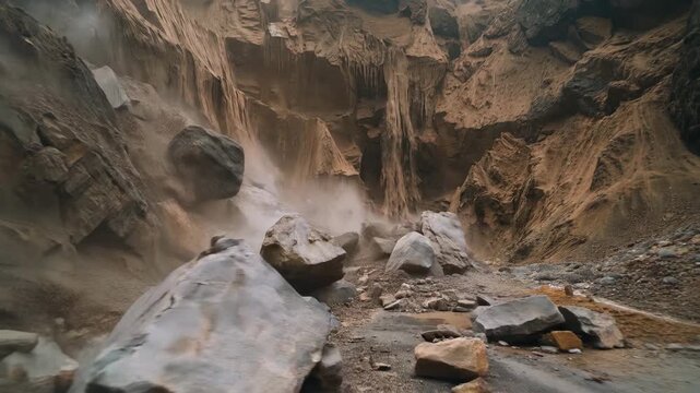Dramatic Natural Disaster Scene with Massive Landslide and Falling Rocks in Mountain Gorge