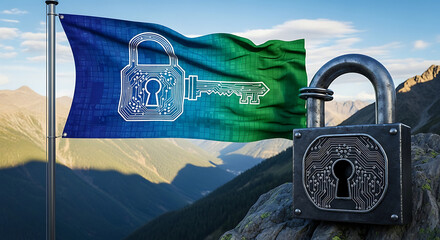 Cybersecurity lock and key symbolizing data protection and online security measures with digital padlock and key graphic on a waving flag.