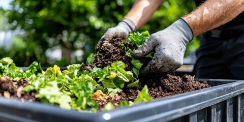 Naklejka premium Turning compost with care in a vibrant garden setting